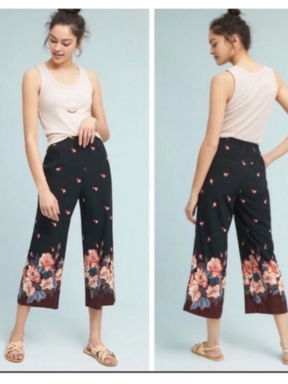 Anthropologie Ett Twa Black Floral Boho Pull On Crop Pants Size Medium